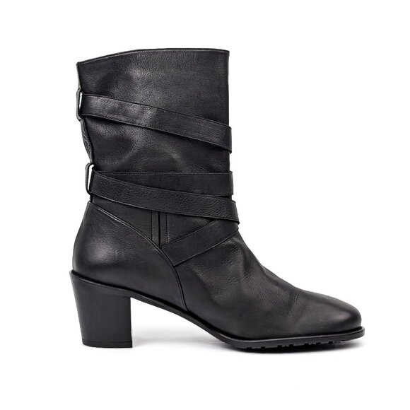 Stuart Weitzman Women Black Dallas Strap Buckle Heel Ankle Boots size 10.5 - Picture 4 of 7